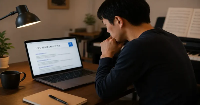 ピアノで指を速く動かす方法をネットで調べる男性のイメージ